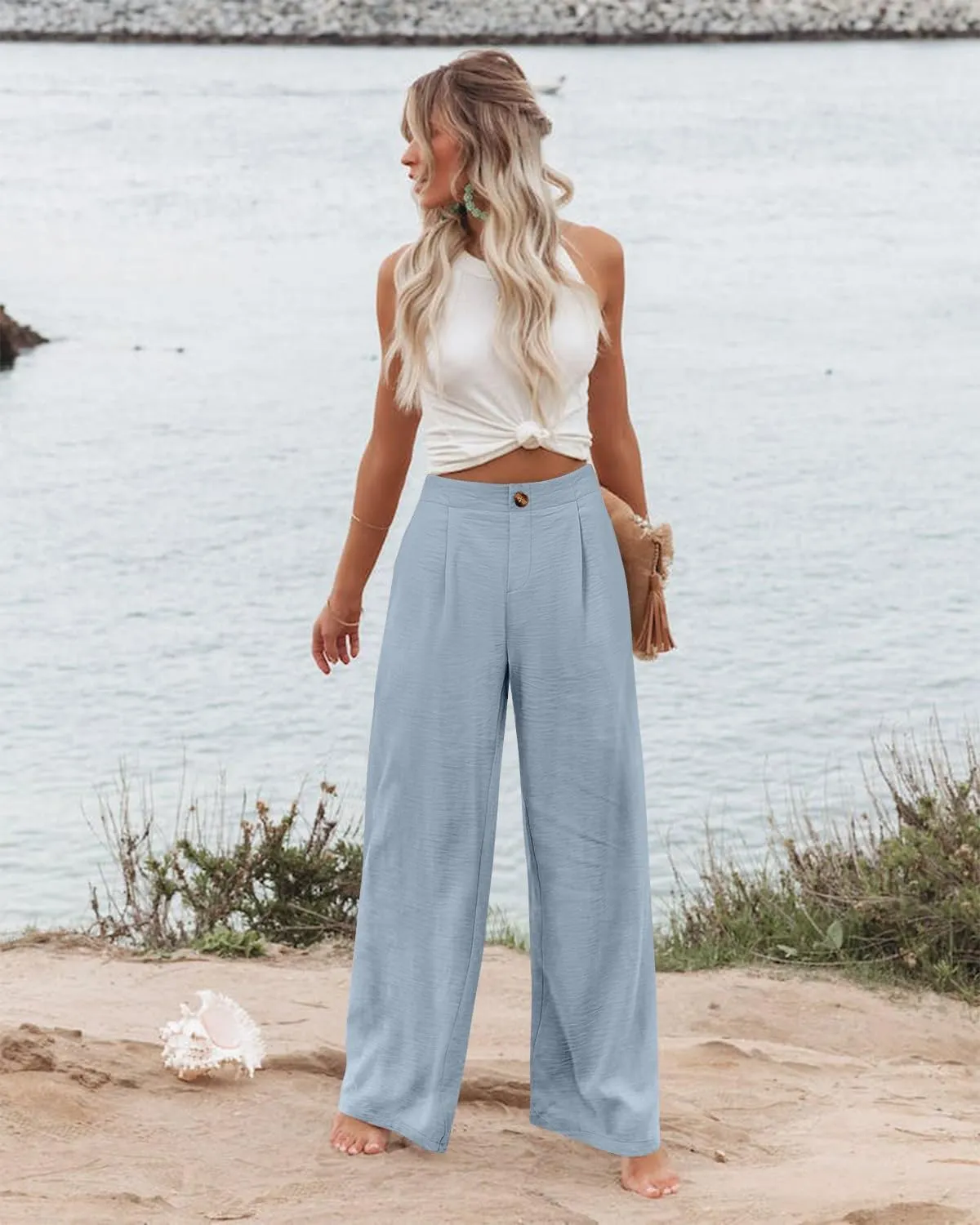 Linen Pants Women Lounge Baggy Flowy Beach Pants Elastic High Waisted Pleated Wide Leg Trousers with Pockets