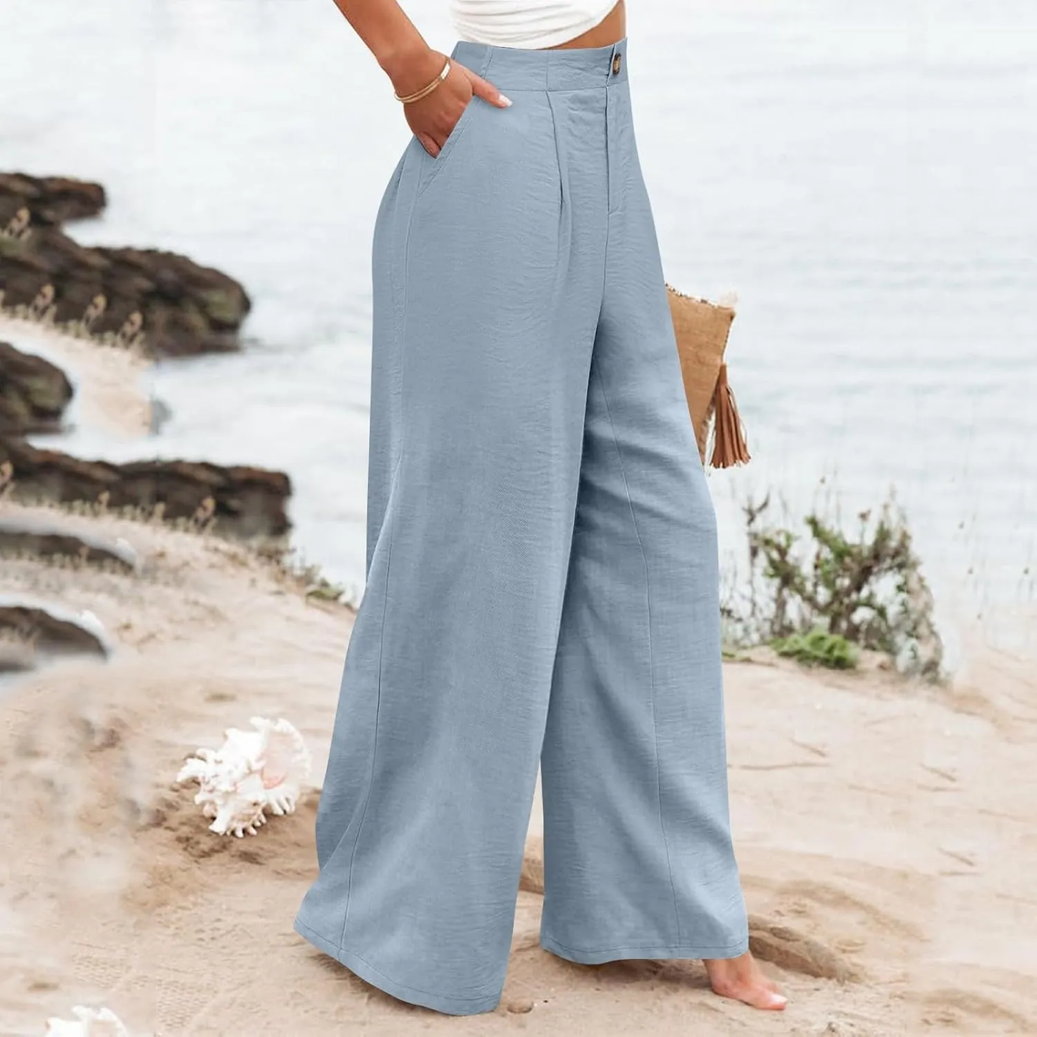 Linen Pants Women Lounge Baggy Flowy Beach Pants Elastic High Waisted Pleated Wide Leg Trousers with Pockets