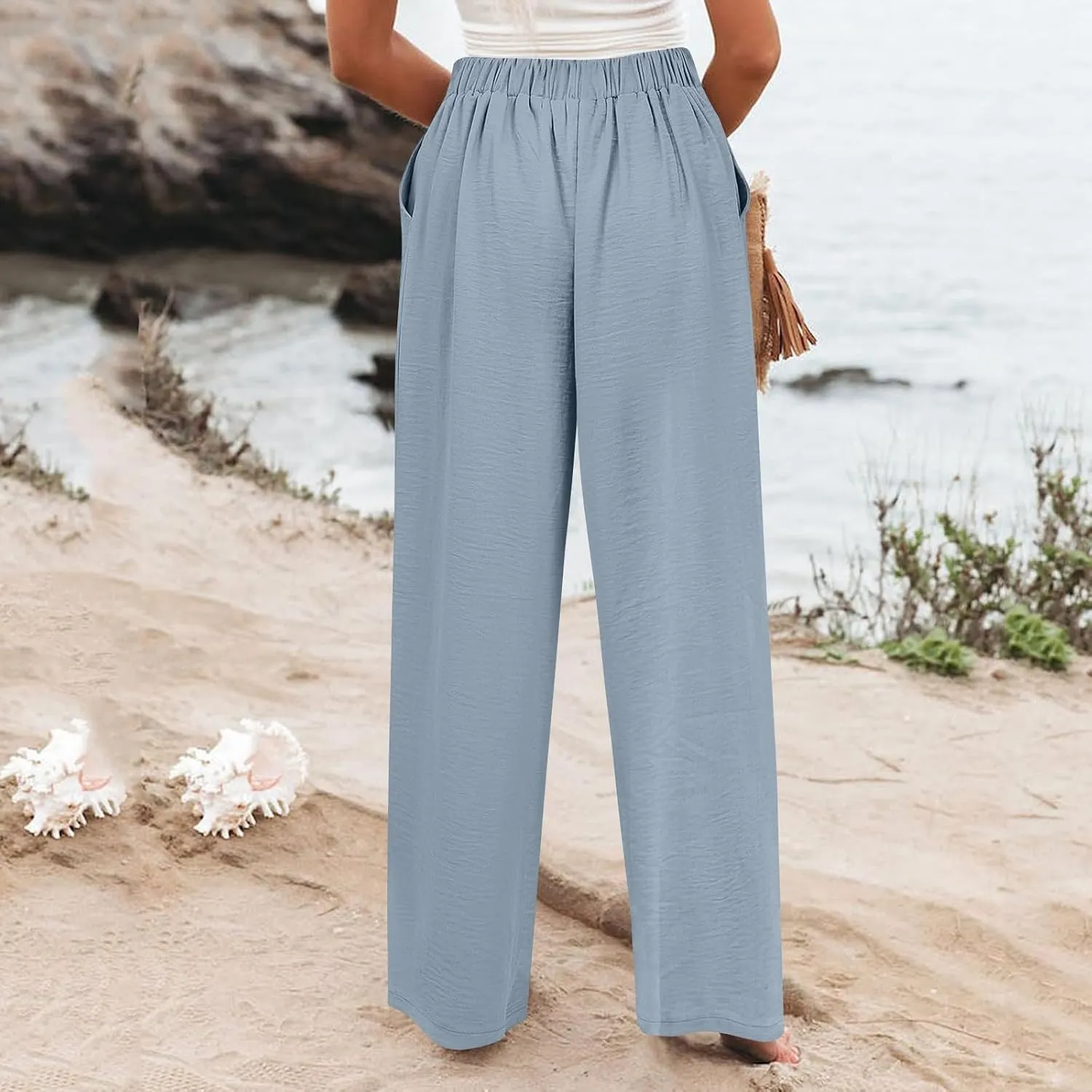 Linen Pants Women Lounge Baggy Flowy Beach Pants Elastic High Waisted Pleated Wide Leg Trousers with Pockets