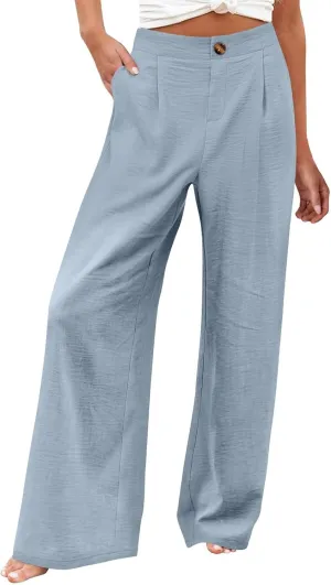 Linen Pants Women Lounge Baggy Flowy Beach Pants Elastic High Waisted Pleated Wide Leg Trousers with Pockets