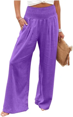 Linen Pants Women Lounge High Waist Wide Leg Elastic Drawstring Pants Women with Pockets Comfy Work Trousers