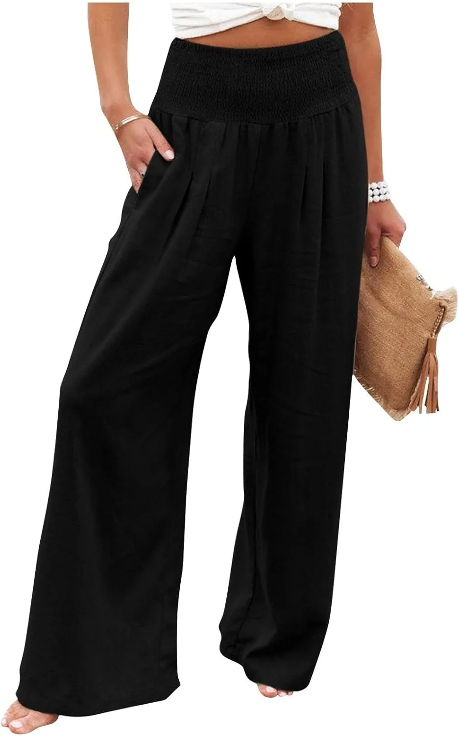 Linen Pants Women Lounge High Waist Wide Leg Elastic Drawstring Pants Women with Pockets Comfy Work Trousers