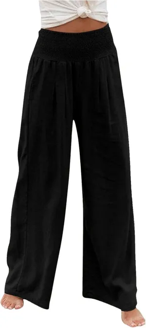 Linen Pants Women Lounge High Waist Wide Leg Elastic Drawstring Pants Women with Pockets Comfy Work Trousers