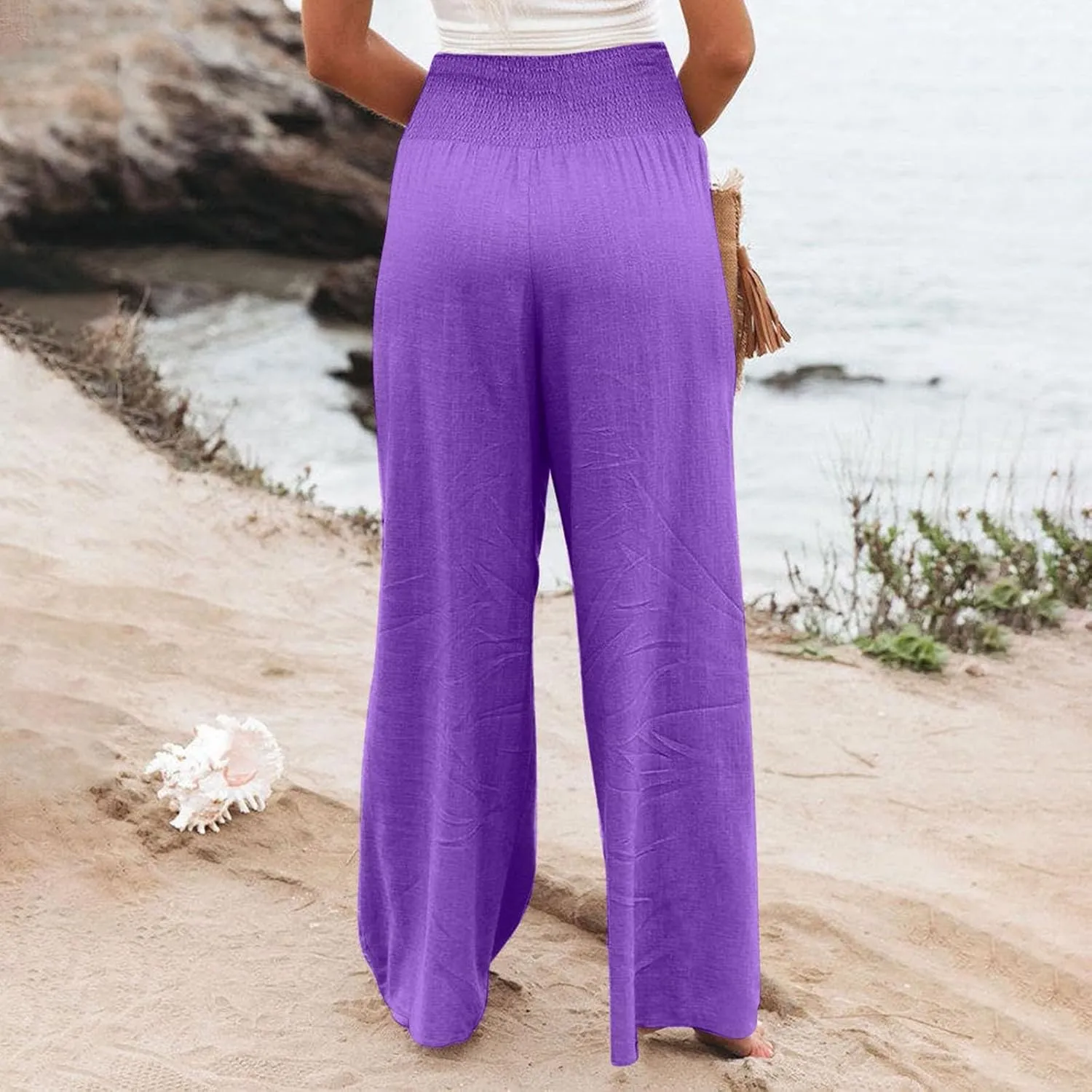 Linen Pants Women Lounge High Waist Wide Leg Elastic Drawstring Pants Women with Pockets Comfy Work Trousers