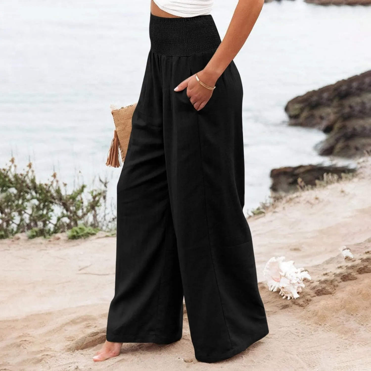 Linen Pants Women Lounge High Waist Wide Leg Elastic Drawstring Pants Women with Pockets Comfy Work Trousers