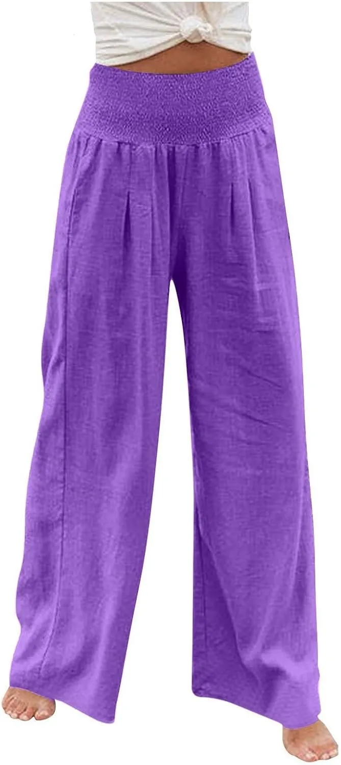 Linen Pants Women Lounge High Waist Wide Leg Elastic Drawstring Pants Women with Pockets Comfy Work Trousers