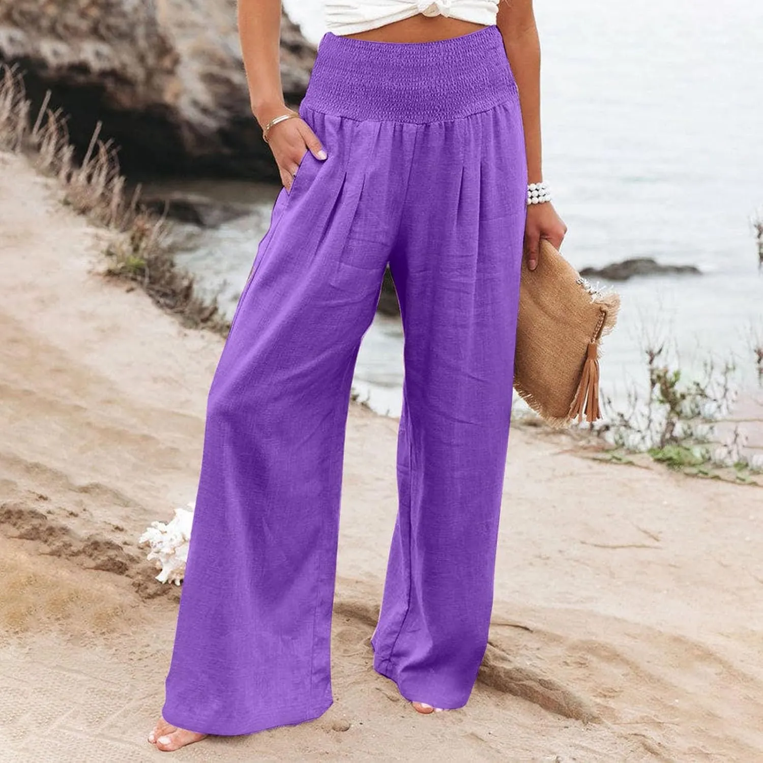 Linen Pants Women Lounge High Waist Wide Leg Elastic Drawstring Pants Women with Pockets Comfy Work Trousers