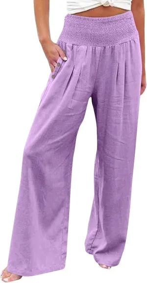 Linen Pants Women Summer Wide Leg Drawstring Elastic Waist High Waisted Lounge Pants Casual Beach Trousers with Pockets