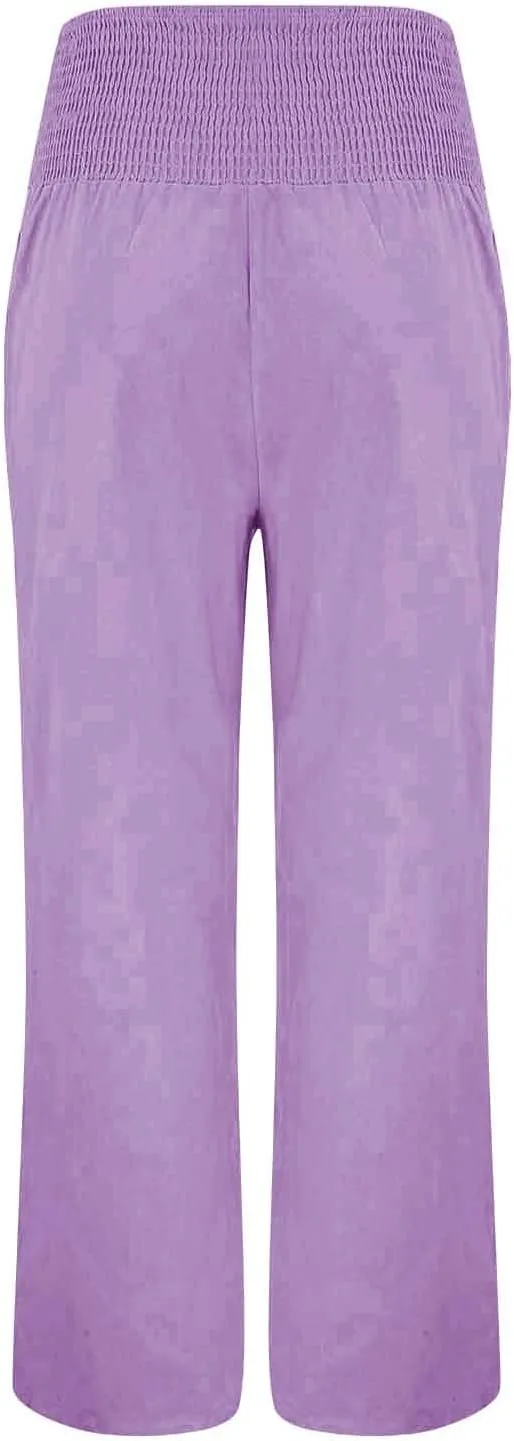 Linen Pants Women Summer Wide Leg Drawstring Elastic Waist High Waisted Lounge Pants Casual Beach Trousers with Pockets