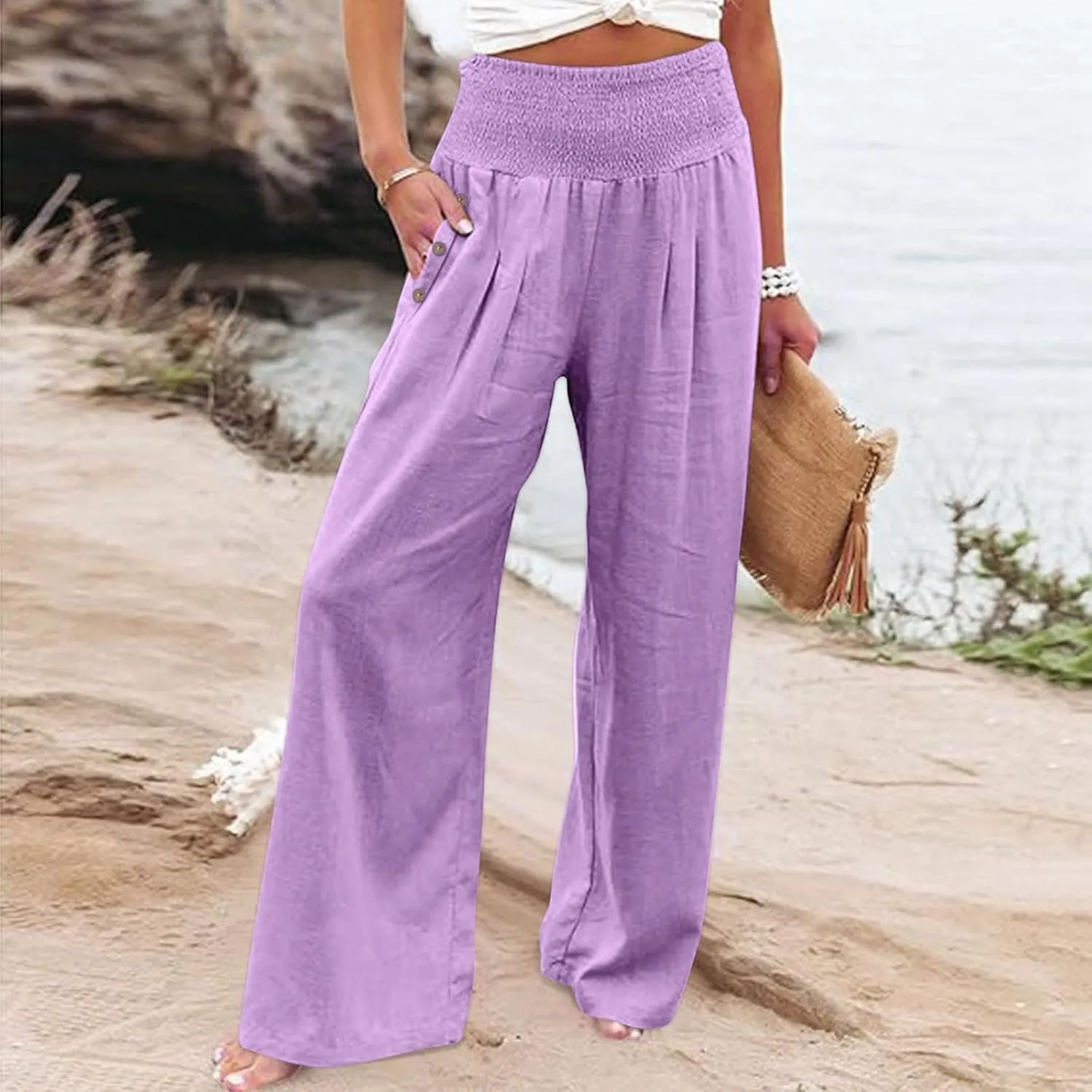 Linen Pants Women Summer Wide Leg Drawstring Elastic Waist High Waisted Lounge Pants Casual Beach Trousers with Pockets