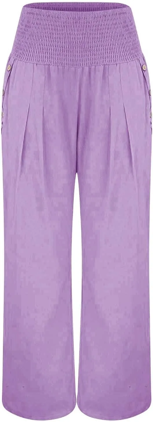 Linen Pants Women Summer Wide Leg Drawstring Elastic Waist High Waisted Lounge Pants Casual Beach Trousers with Pockets