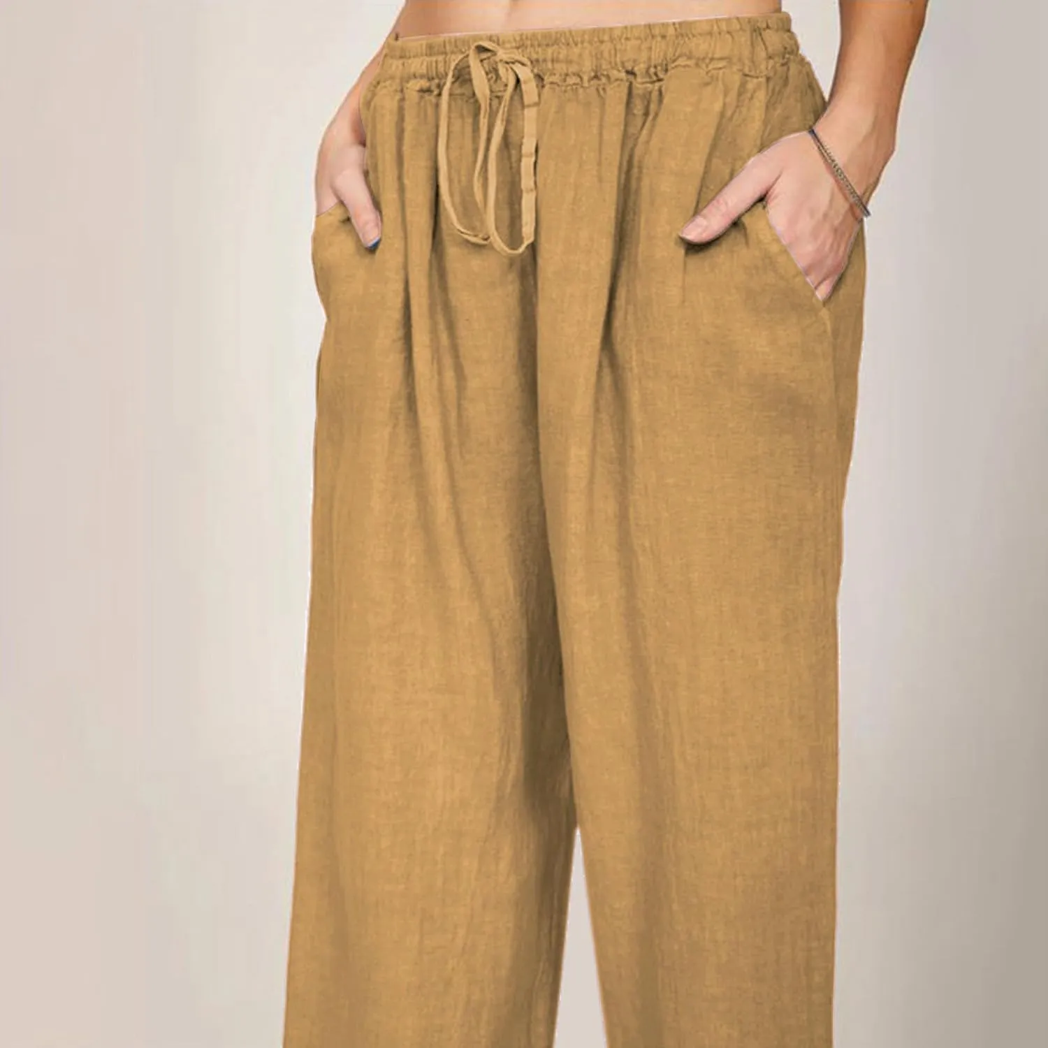 Linen Wide Leg Pants for Women Casual Elastic Waisted Palazzo Stretchy Summer Beach Travel Vacation Lounge Trousers