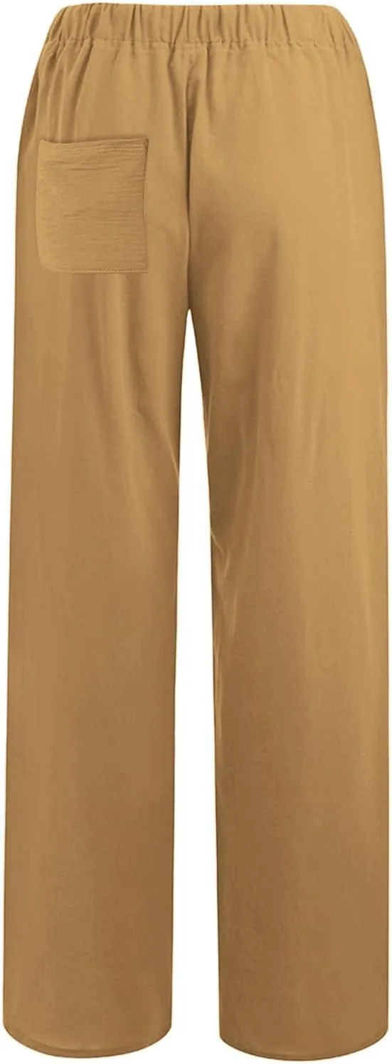 Linen Wide Leg Pants for Women Casual Elastic Waisted Palazzo Stretchy Summer Beach Travel Vacation Lounge Trousers
