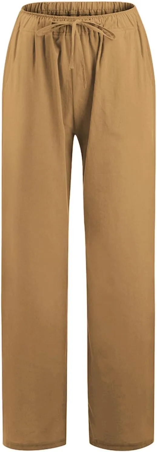 Linen Wide Leg Pants for Women Casual Elastic Waisted Palazzo Stretchy Summer Beach Travel Vacation Lounge Trousers