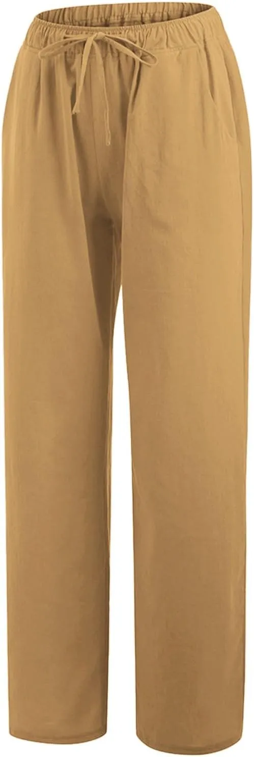 Linen Wide Leg Pants for Women Casual Elastic Waisted Palazzo Stretchy Summer Beach Travel Vacation Lounge Trousers
