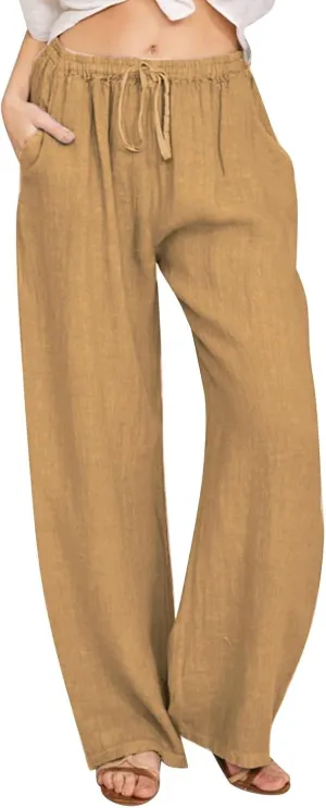 Linen Wide Leg Pants for Women Casual Elastic Waisted Palazzo Stretchy Summer Beach Travel Vacation Lounge Trousers