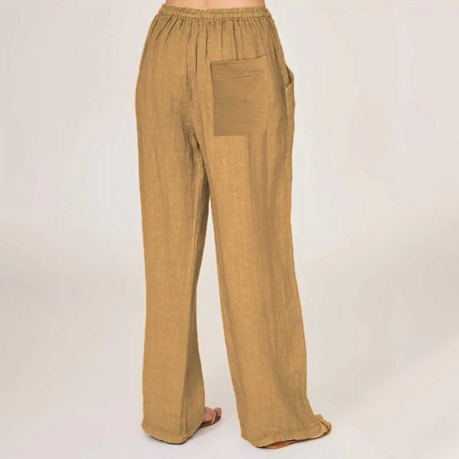 Linen Wide Leg Pants for Women Casual Elastic Waisted Palazzo Stretchy Summer Beach Travel Vacation Lounge Trousers