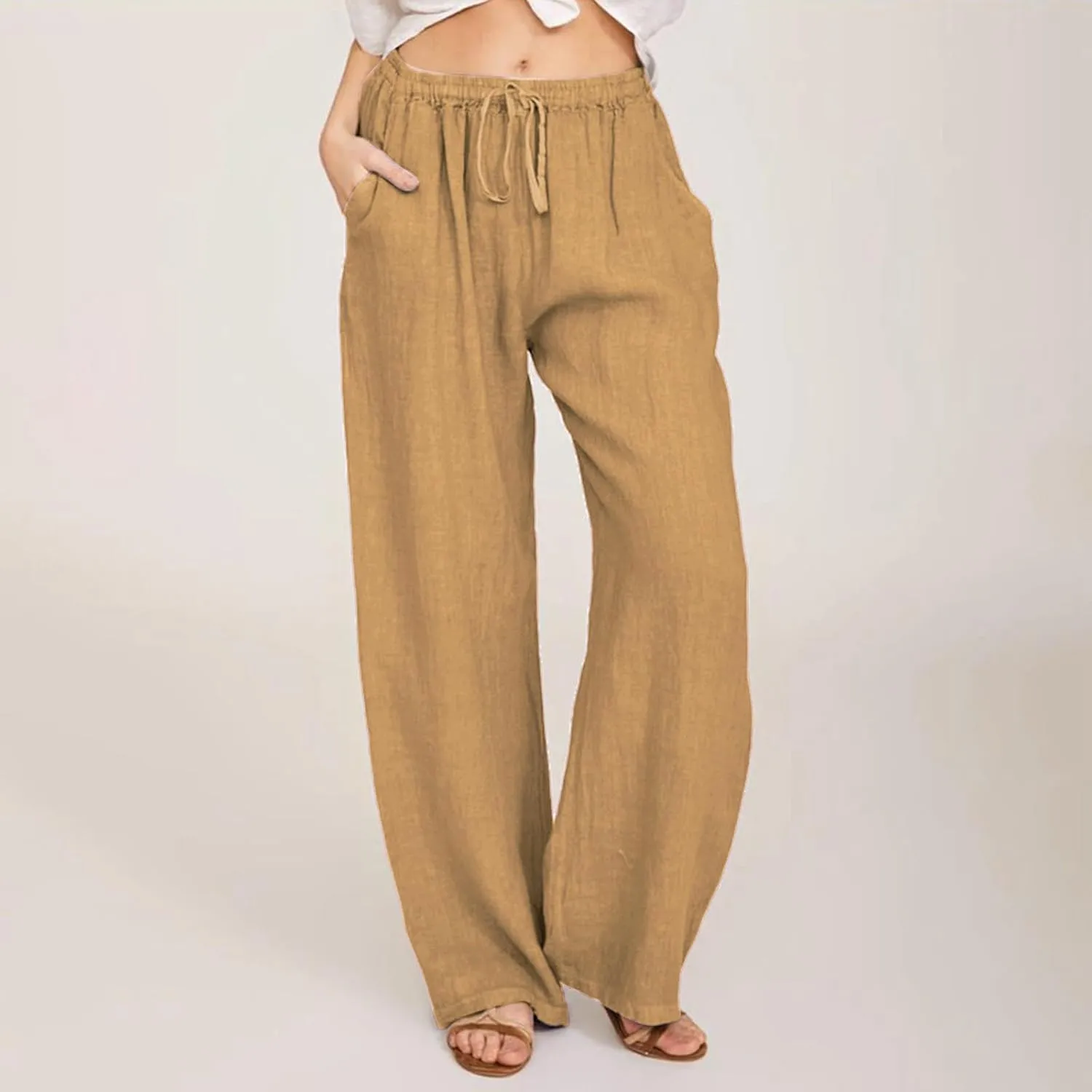Linen Wide Leg Pants for Women Casual Elastic Waisted Palazzo Stretchy Summer Beach Travel Vacation Lounge Trousers