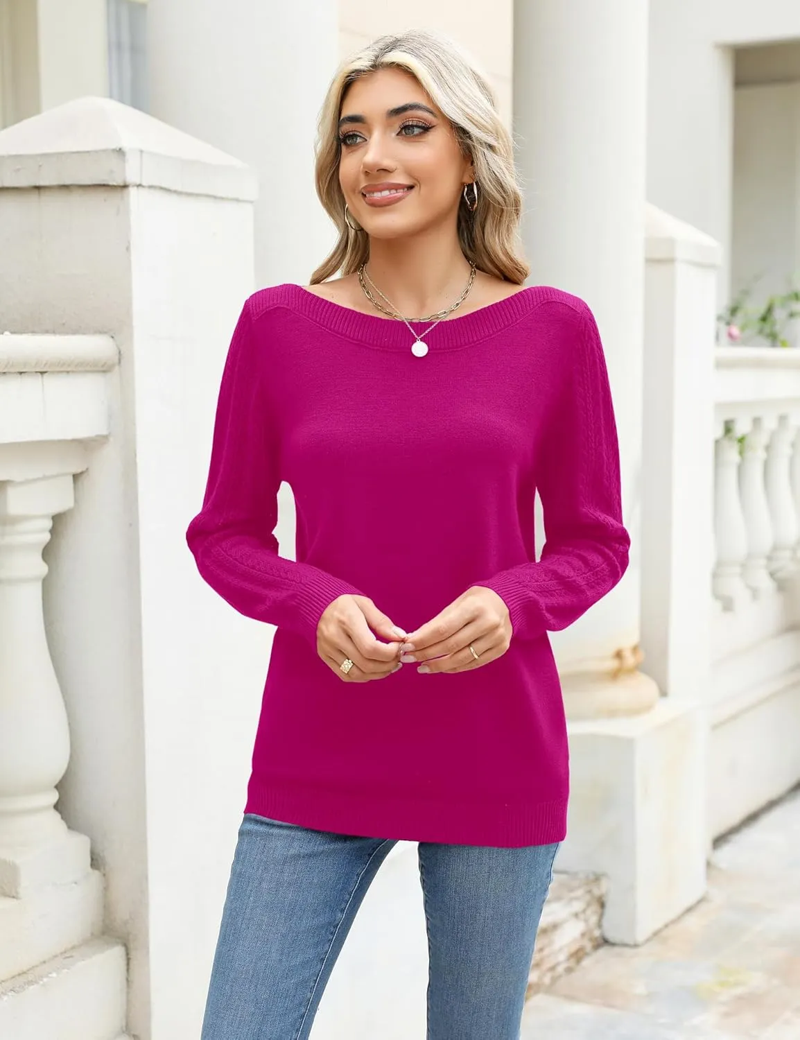 LOMON Women's Light Sweater Long Sleeve Knit Pullover Boat Neck Casual 2024 Winter Fitted Sweater