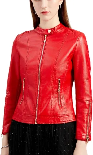 Lu's Chic Women's Fall Leather Jacket Motorcycle Jacket Faux Leather Warm Spring Zip Up Vintage Motorcycle Jacket