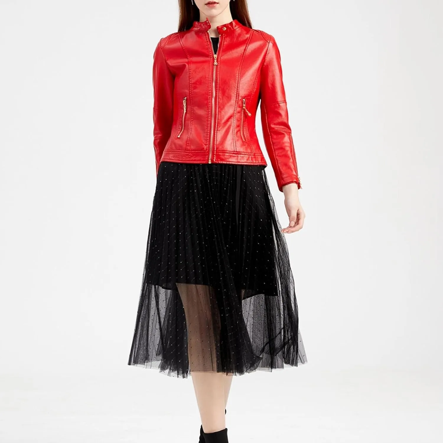 Lu's Chic Women's Fall Leather Jacket Motorcycle Jacket Faux Leather Warm Spring Zip Up Vintage Motorcycle Jacket