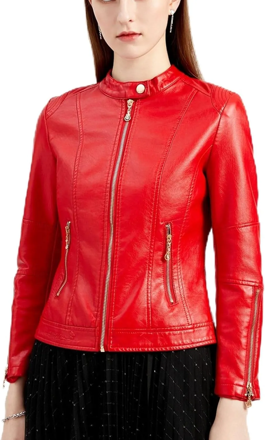 Lu's Chic Women's Fall Leather Jacket Motorcycle Jacket Faux Leather Warm Spring Zip Up Vintage Motorcycle Jacket