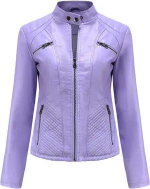 Lu's Chic Women's Long Sleeve Leather Jacket Faux Leather Top Thermal Zipper Motorcycle Bike Zip Fashion Outerwear