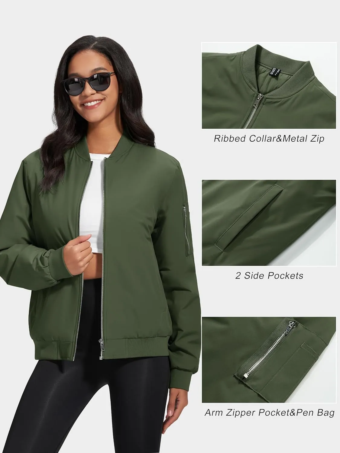 MAGCOMSEN Women's Winter Bomber Jacket Casual Basic Zip Up Padded Coats Water Resistant Long Sleeve Outwear with Pockets