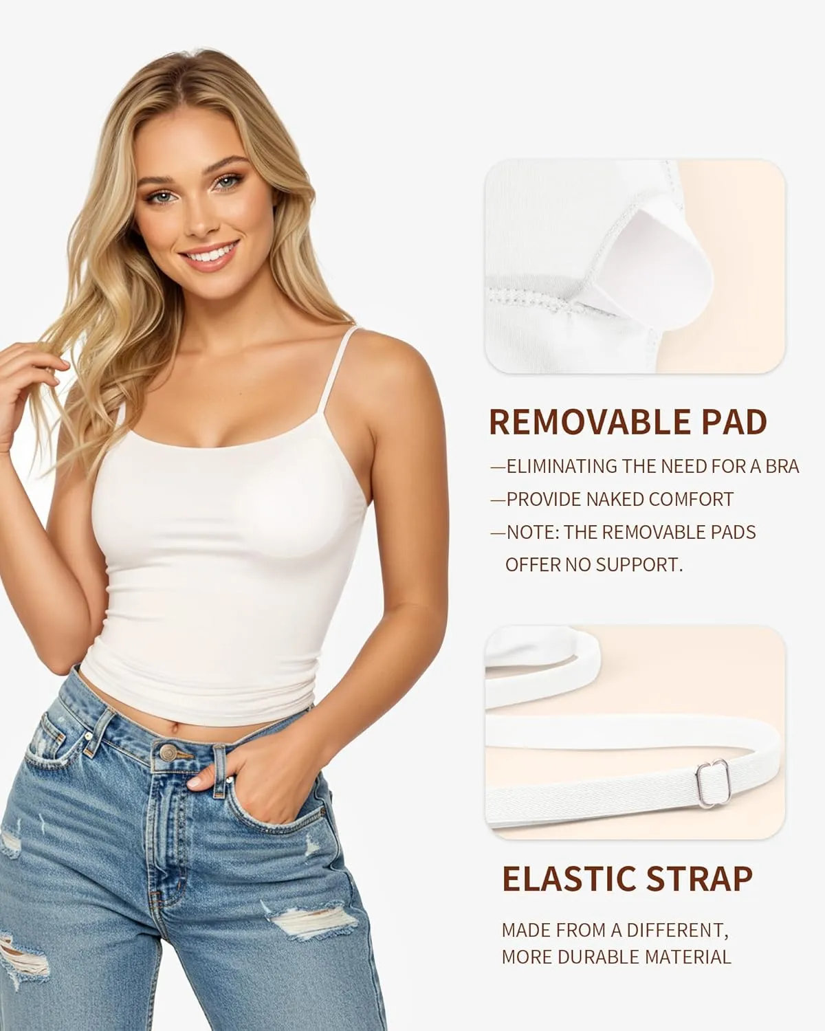 MANGOPOP Women's Tank Tops Detachable Bra Spaghetti Strap Cami Sexy Square Neck Sleeveless Basic Tee Shirts