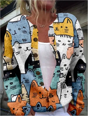 MARSVOVO Cardigan Sweaters for Women Cute Cat Print Long Sleeve Button Down Open Front Cardigan for Women
