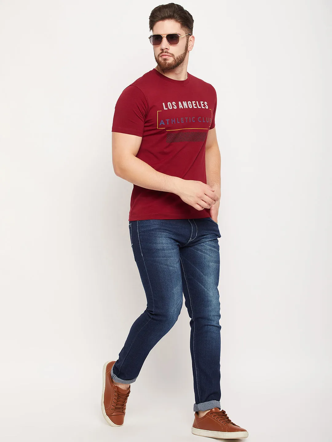 Men Maroon Round Neck T-Shirt