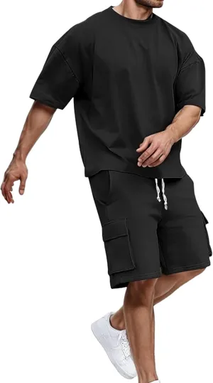 Men Outfits 2 Piece Fashion Casual Summer Drop Shoulder Oversize Tee Shirt Shorts Set Athletic Jogging Tracksuit
