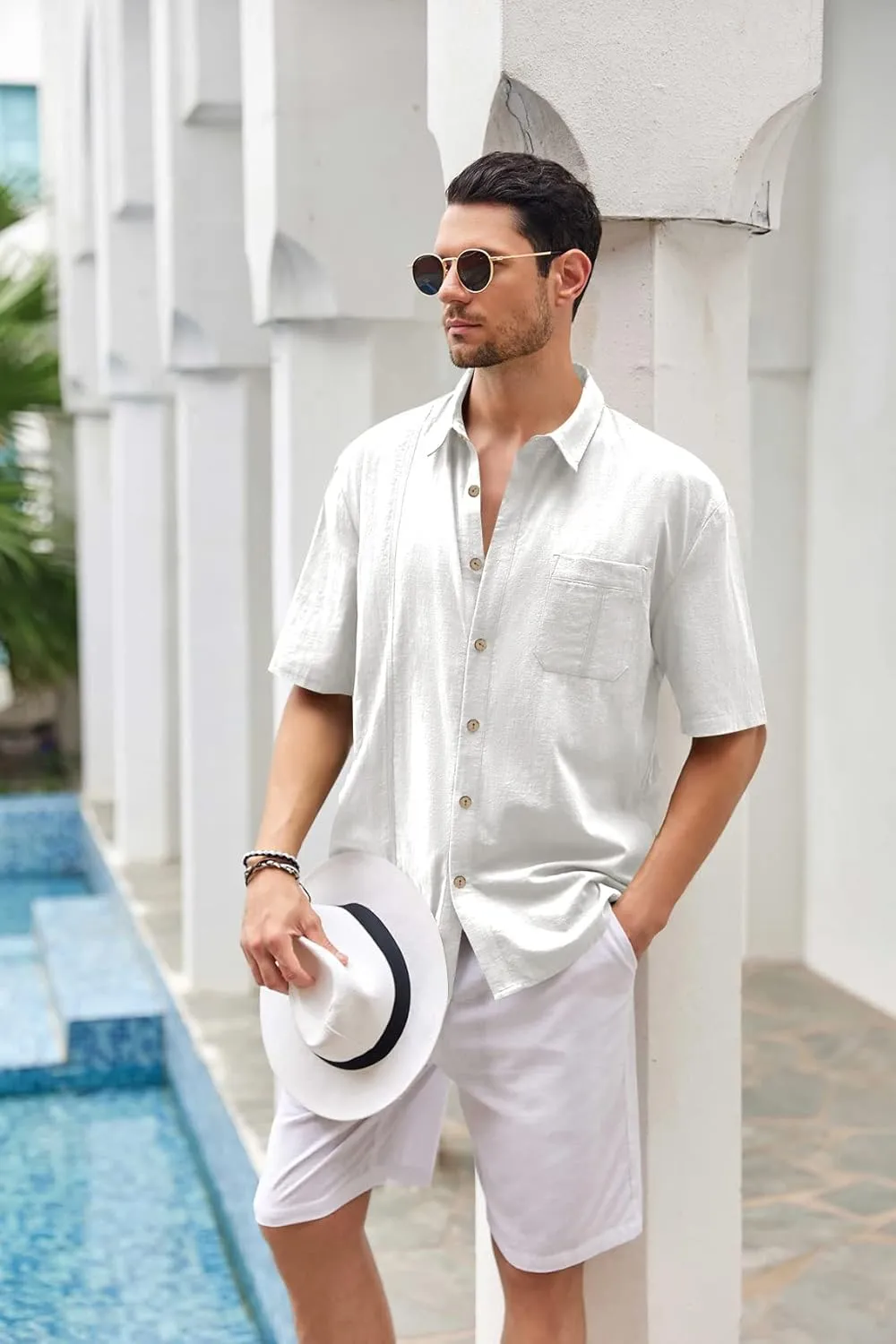 Mens Beach Linen Shirts Short Sleeve Cuban Button Down Casual Summer T Shirt Guayabera Hawaiian Tee Loose Fit Tops