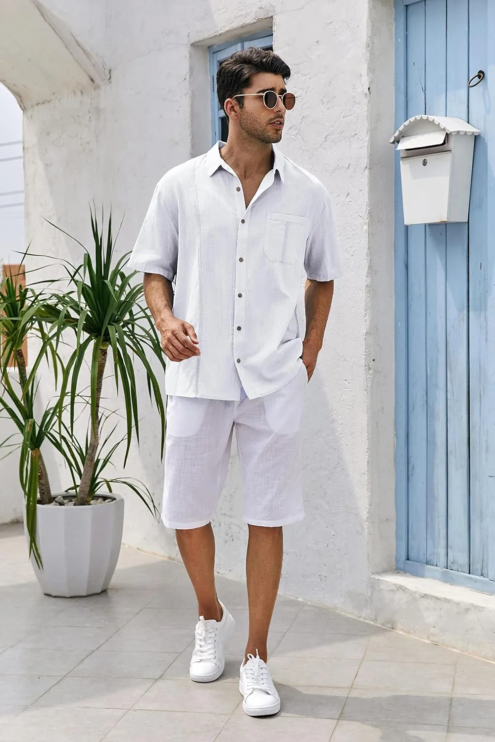 Mens Beach Linen Shirts Short Sleeve Cuban Button Down Casual Summer T Shirt Guayabera Hawaiian Tee Loose Fit Tops