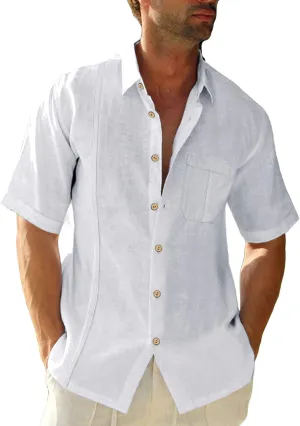 Mens Beach Linen Shirts Short Sleeve Cuban Button Down Casual Summer T Shirt Guayabera Hawaiian Tee Loose Fit Tops