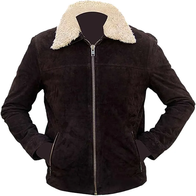 Men's Brown Suede WD Rick Grimes Leather Jacket Fur Collar Andrew Lincoln Brown Suede Jacket