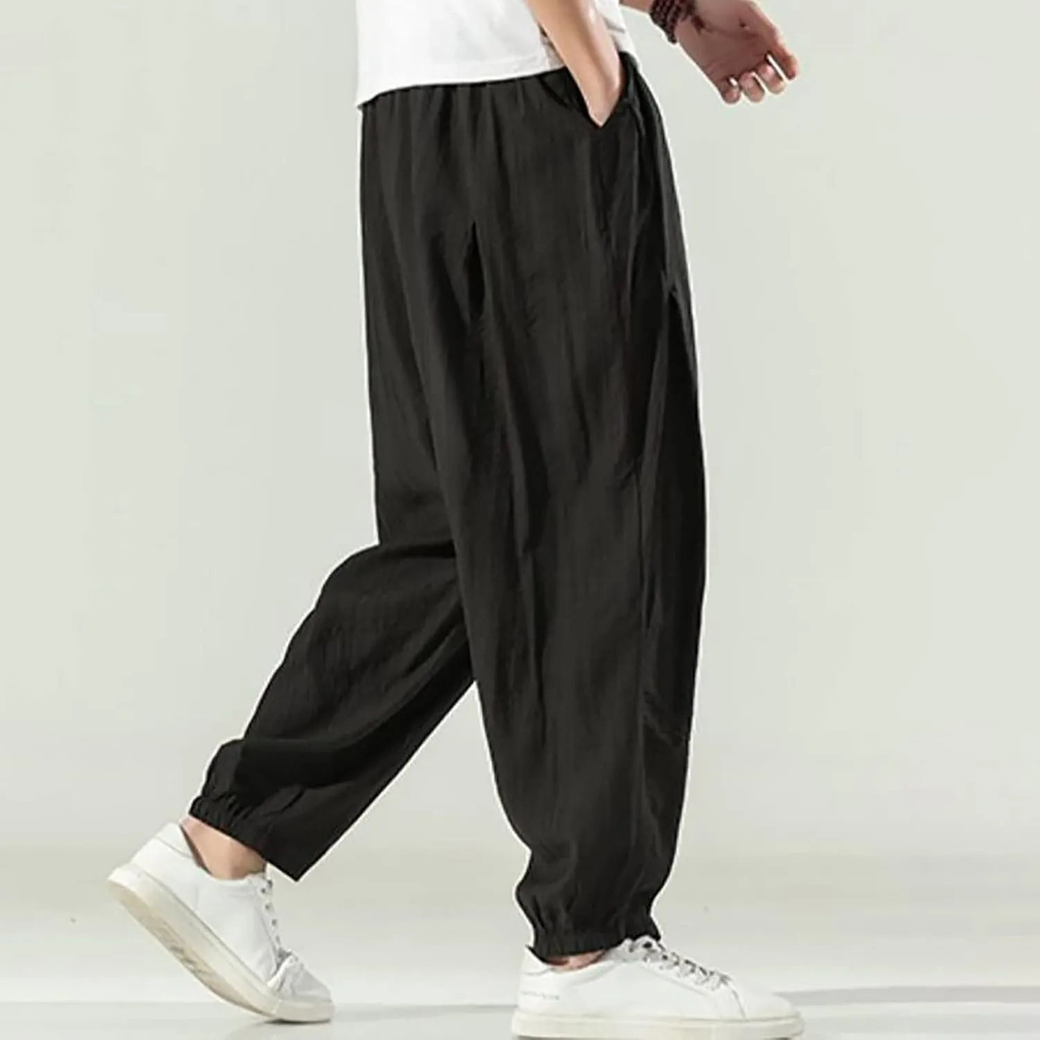 Men's Casual Linen Pants, Cotton Drawstring Elastic Waist Summer Yoga Beach Pants, Lightweight Loose Trousers