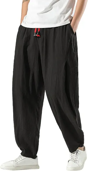 Men's Casual Linen Pants, Cotton Drawstring Elastic Waist Summer Yoga Beach Pants, Lightweight Loose Trousers