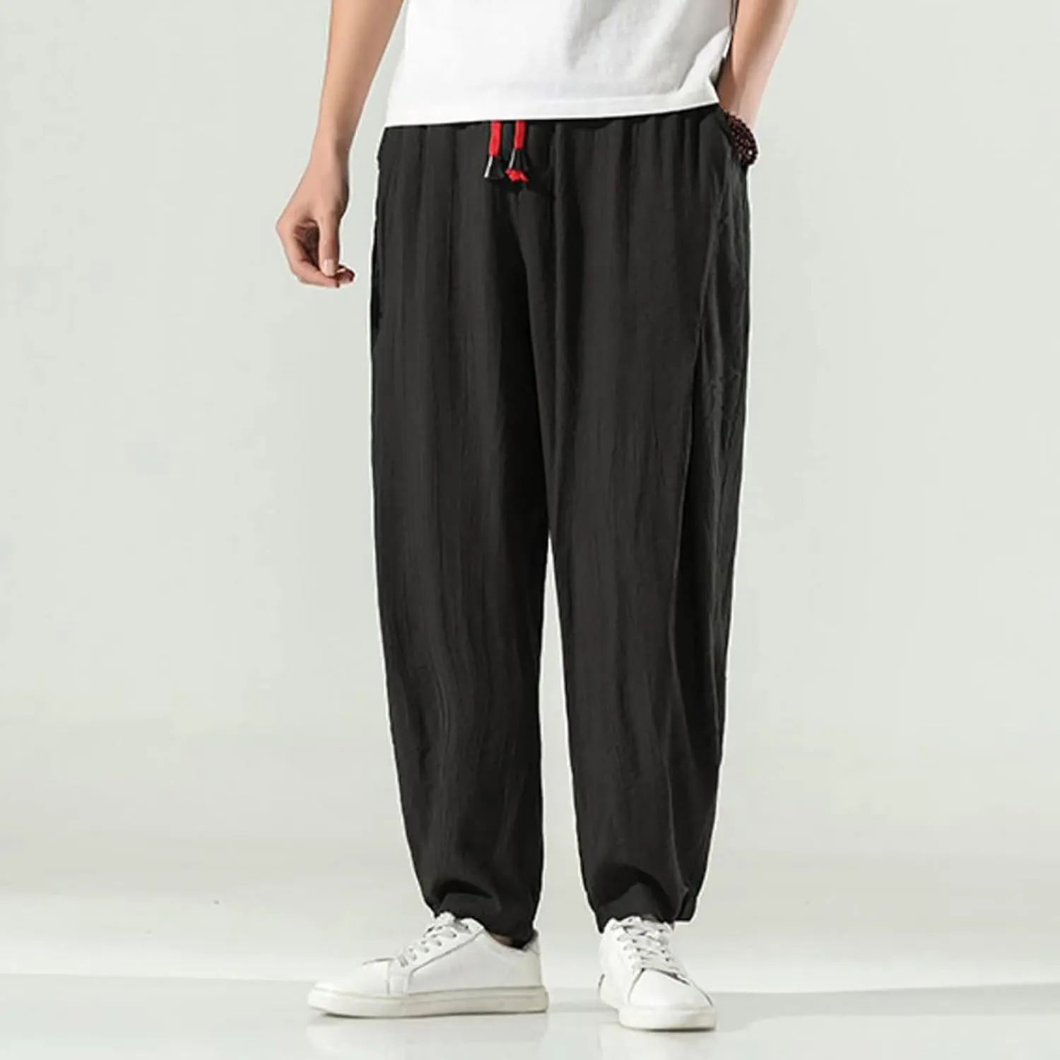 Men's Casual Linen Pants, Cotton Drawstring Elastic Waist Summer Yoga Beach Pants, Lightweight Loose Trousers