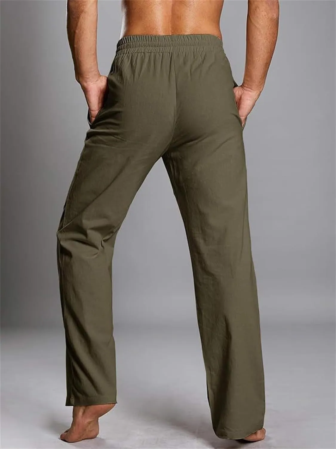 Men's Casual Linen Pants Elastic Waist Drawstring Beach Summer Pants Stretch Chino Pant Lightweight Linen Trousers
