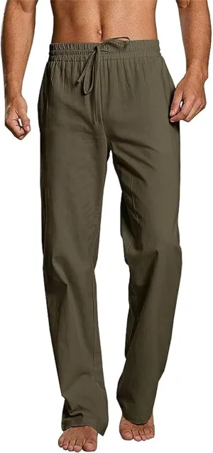 Men's Casual Linen Pants Elastic Waist Drawstring Beach Summer Pants Stretch Chino Pant Lightweight Linen Trousers