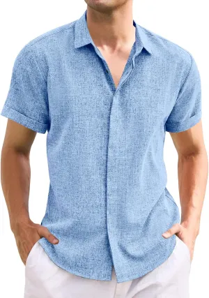 Mens Casual Linen Shirt Solid Short Sleeve Button Down Shirts Turn-up Collar Clothes Tops.