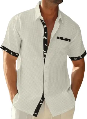 Men's Casual Short Sleeve Button Down Shirt - Summer Beach Wedding with Pocket