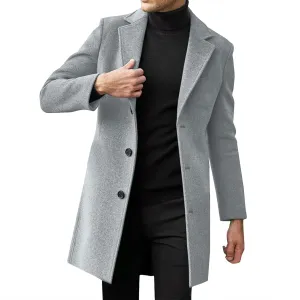 Men's Casual Trench Coat Vintage Breasted Coat Woolen Mid Length Trench Coat Slim Fit Spread Collar Long Sleeve Jacket