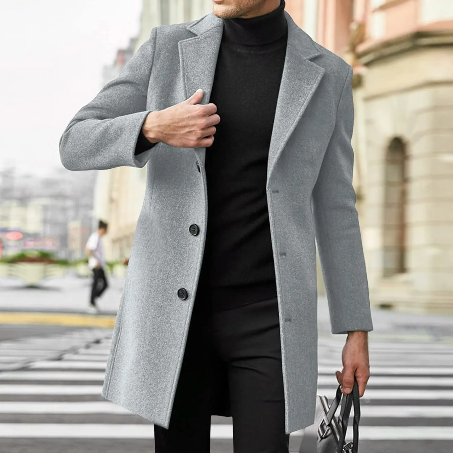 Men's Casual Trench Coat Vintage Breasted Coat Woolen Mid Length Trench Coat Slim Fit Spread Collar Long Sleeve Jacket