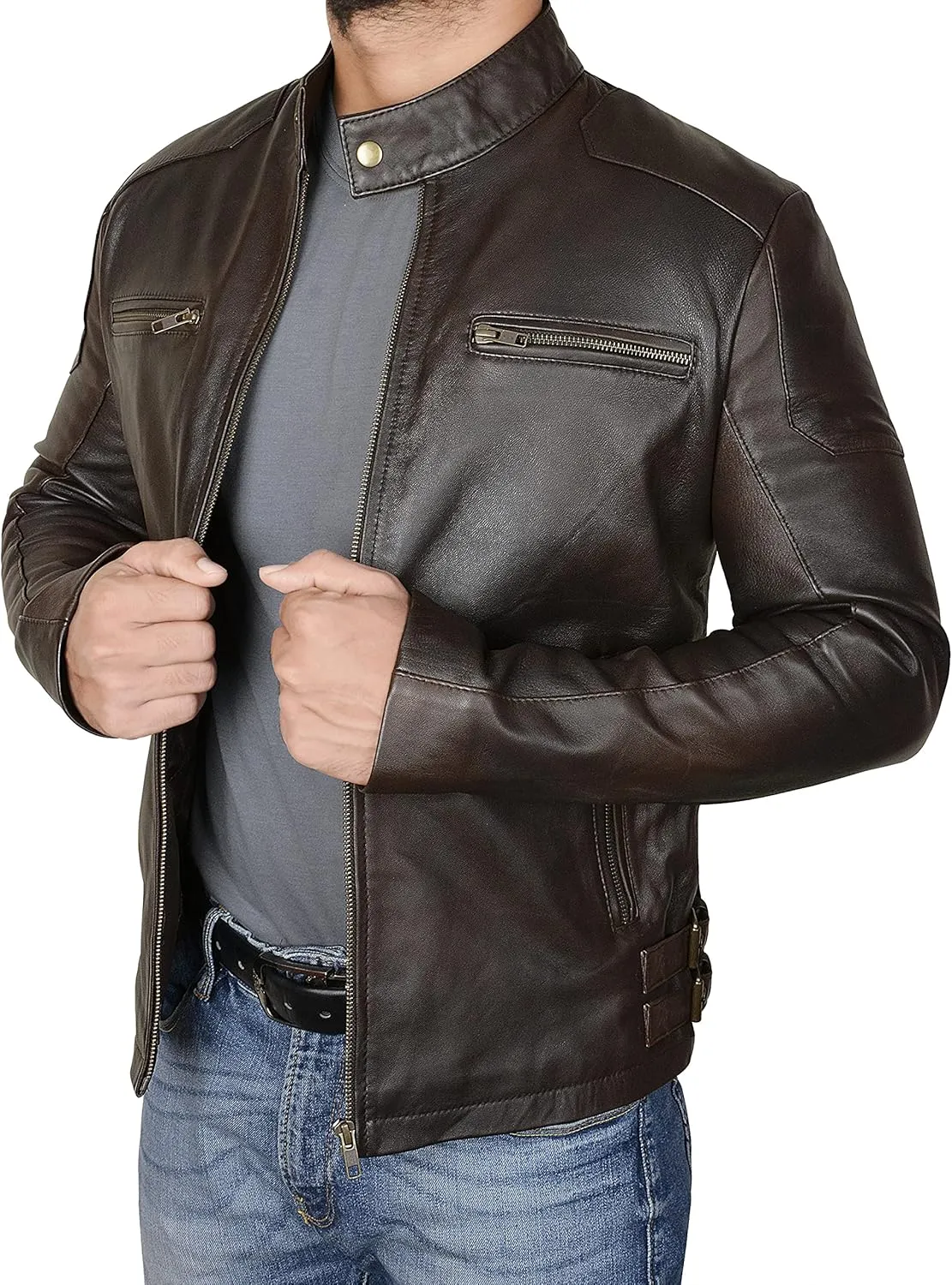 MENS CLASSIC BROWN LAMBSKIN LEATHER JACKET Vintage Slim Fit Casual Two Tone Lightweight Jacket