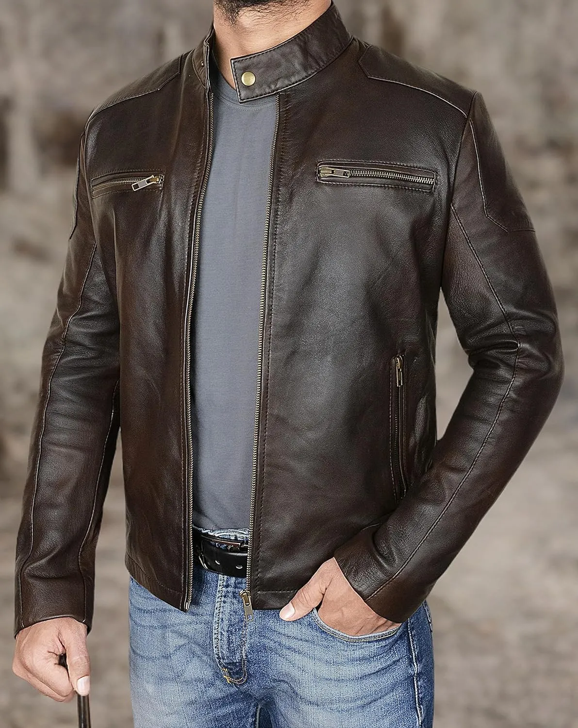 MENS CLASSIC BROWN LAMBSKIN LEATHER JACKET Vintage Slim Fit Casual Two Tone Lightweight Jacket