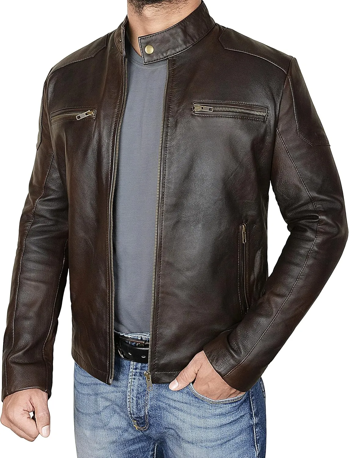 MENS CLASSIC BROWN LAMBSKIN LEATHER JACKET Vintage Slim Fit Casual Two Tone Lightweight Jacket