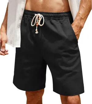 Men's Cotton Linen Shorts Elastic Waist Drawstring Pant Plain Slim Fit Beach Shorts Summer Lightweight Vacation Pants