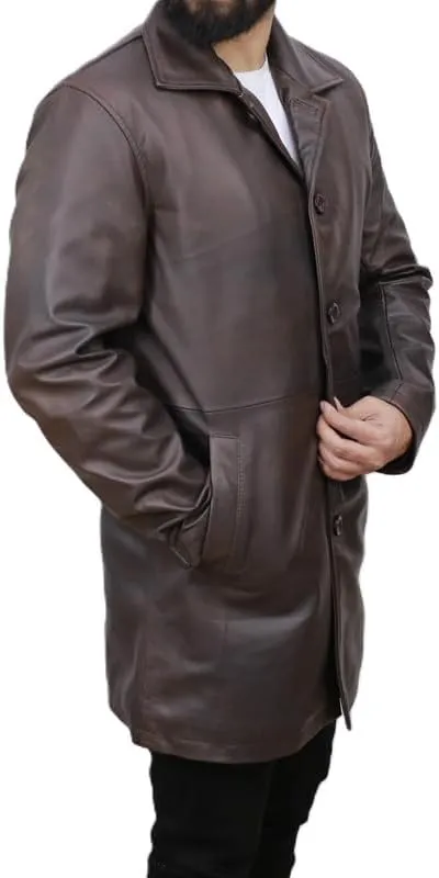 Men's Dean Winchester Jacket for Men - Mens Distressed Brown Leather Jacket Car Coat 3/4 Length Winter Coat